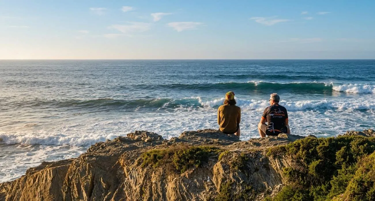 The person on the left wears an olive-brown shirt and a colorful beanie, while the person on the right wears a black and orange cycling jersey with "TOP BIKE TOURS PORTUGAL" written on the back. They are sitting side-by-side overlooking the water. Below them, waves crash against the base of the cliff, creating white sea foam. The setting sun on the horizon casts a warm golden glow over the water and the sparse greenery on the clifftop. The sky is clear blue with a few thin clouds.